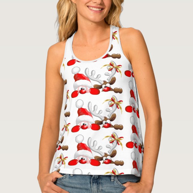 Funny Santa and Reindeer Cartoon      Tank Top (Front)