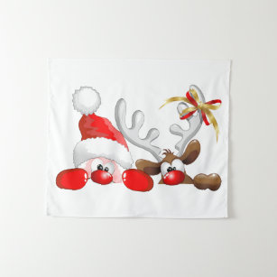 Funny Santa and Reindeer Cartoon       Tapestry