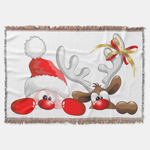 Funny Santa and Reindeer Cartoon         Throw Blanket