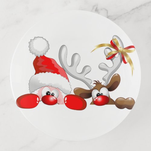 Funny Santa and Reindeer Cartoon       Trinket Tray