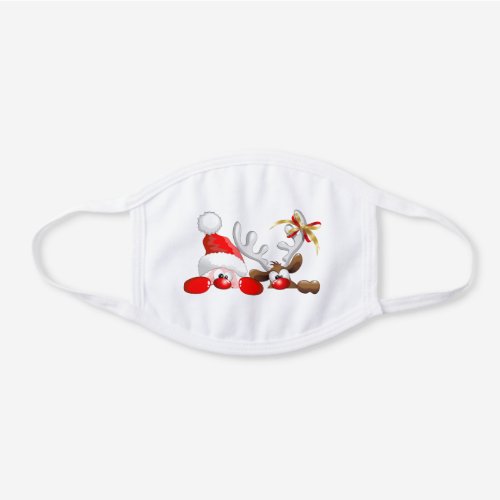 Funny Santa and Reindeer Cartoon White Cotton Face Mask