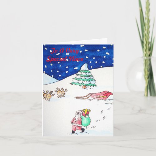 funny santa and reindeer snow scene at christmas holiday card