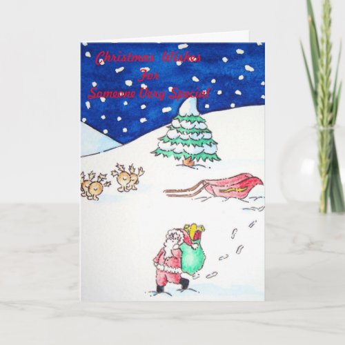 funny santa and reindeer snow scene holiday card