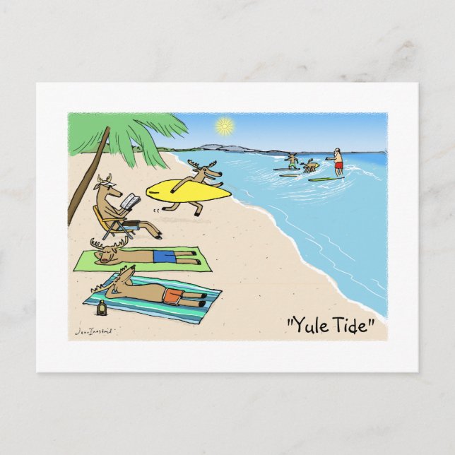 Funny Santa and Reindeer Surfing Vacation Holiday Postcard (Front)