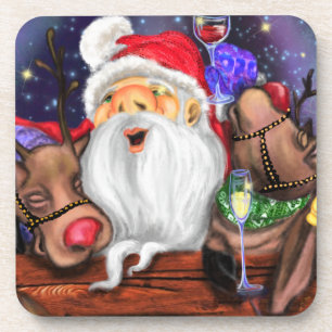 Funny Santa and Reindeers Christmas Party - Cheers Beverage Coaster