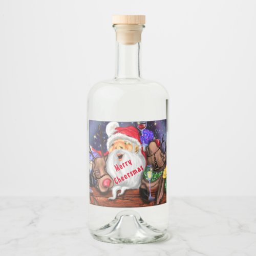 Funny Santa and Reindeers Christmas Party  Cheers Liquor Bottle Label