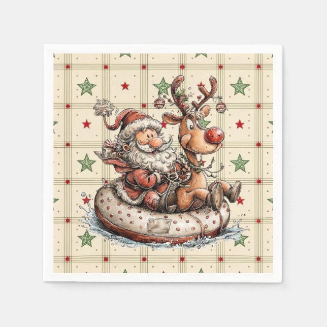 Funny Santa and Rudolf On A Water Tube  Napkins (Front)