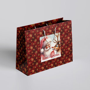 Funny Santa and Rudolph Cartoon Kids Christmas  Large Gift Bag