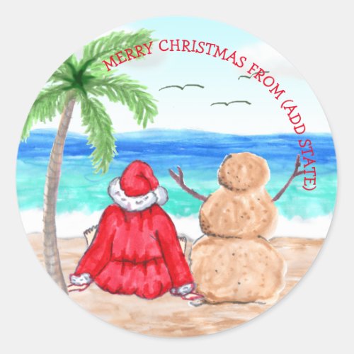 Funny Santa and Snowman on the Beach Christmas Classic Round Sticker