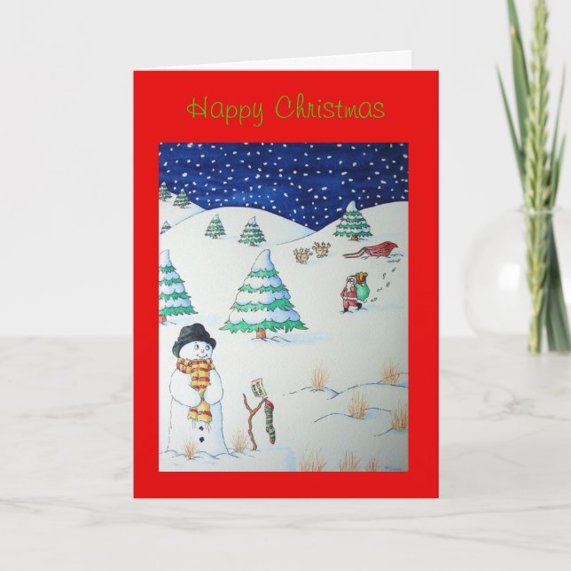 funny santa and snowman snow scene christmas holiday card (Front)