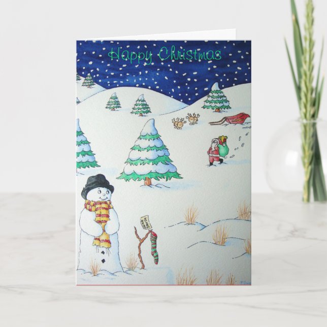 funny santa and snowman snow scene for christmas holiday card (Front)