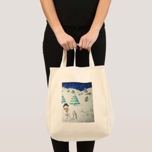 funny santa and snowman snow scene for christmas tote bag