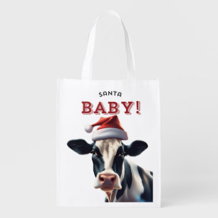 Funny Santa Baby Christmas Holstein Cow Grocery Bag