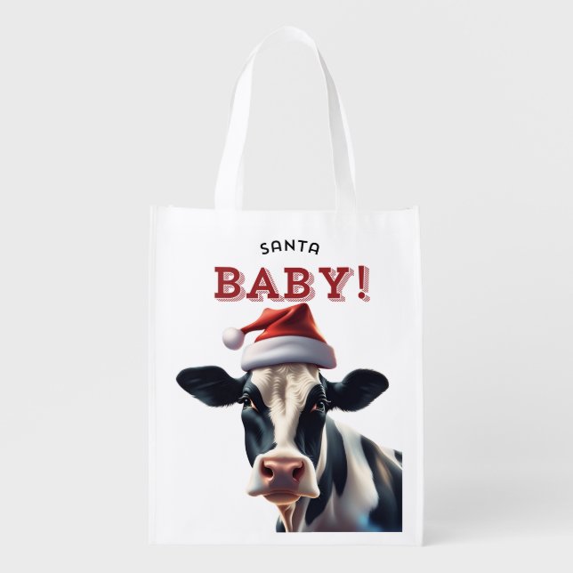Funny Santa Baby Christmas Holstein Cow Grocery Bag (Front)