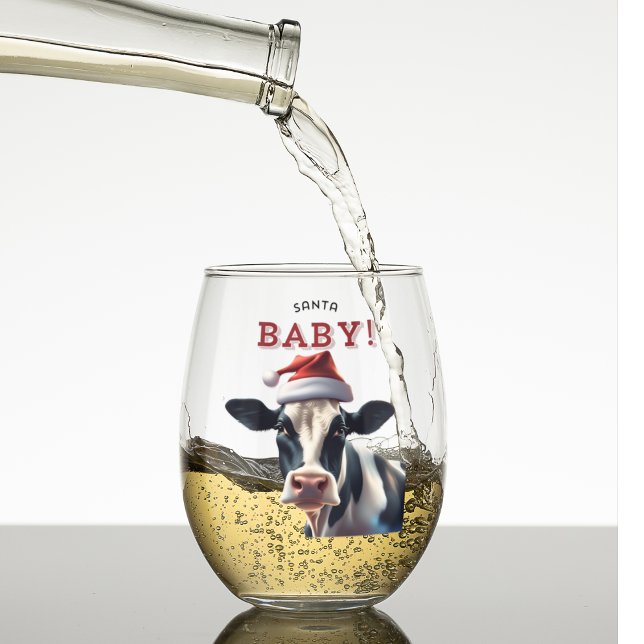 Funny Santa Baby Christmas Holstein Cow Stemless Wine Glass (Holstein Cow Santa Baby Cute Christmas Wine Glass)