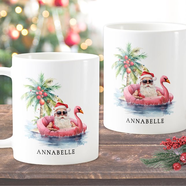 Funny Santa Beach Christmas Coffee Mug (Funny Santa Flamingo Tropical Beach Christmas Coffee Mug)