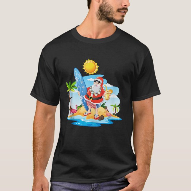 Funny Santa Beach Christmas in July Hawaiian Xmas  T-Shirt (Front)
