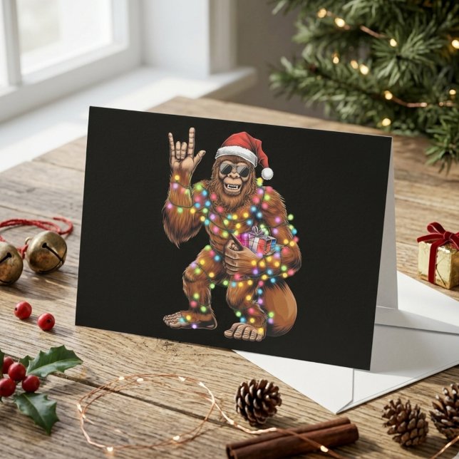 Funny Santa Bigfoot with Christmas Lights Holiday Card (Creator Uploaded)