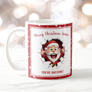 Funny Santa breaking through Red Name Christmas Coffee Mug