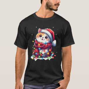 Funny Santa Cat Tangled Up In Christmas Lights Hol T-Shirt