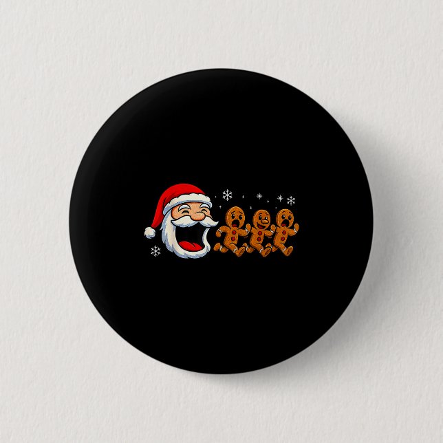 Funny Santa Chasing Gingerbread Christmas Cookie  Button (Front)