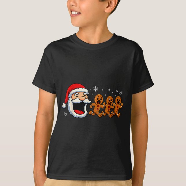 Funny Santa Chasing Gingerbread Christmas Cookie  T-Shirt (Front)
