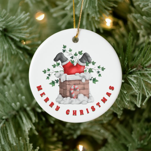 Funny Santa Chimney Merry Christmas Ceramic Ornament (Tree)