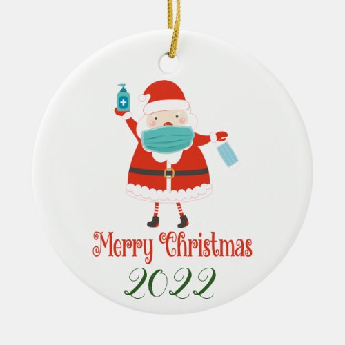 funny Santa Christmas with face Mask and Sanitizer Ceramic Ornament