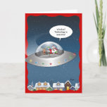Funny Santa Claus Alien Christmas Holiday Card<br><div class="desc">Funny Santa Claus Christmas cards that can be personalized with your own custom quote bubble text! This unique comic design by Raphaela Wilson depicts Santa and Rudolph the red nose reindeer soaring high over a neighborhood in a silver ufo flying saucer. Santa's quote bubble reads: "Woohoo! Technology is awesome!", but...</div>