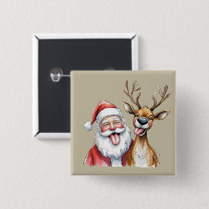 Funny Santa Claus and Reindeer Christmas Winter Button