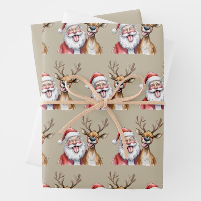 Funny Santa Claus and Reindeer Christmas Winter Wrapping Paper Sheets (In situ)