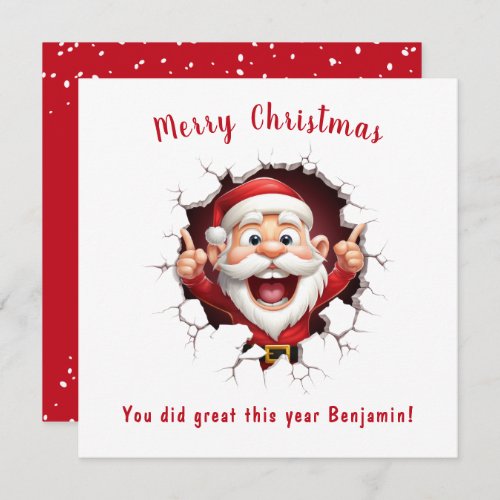 Funny Santa Claus breaking through Christmas card