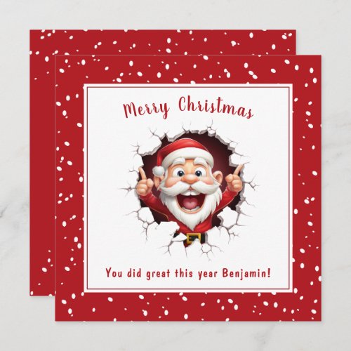 Funny Santa Claus breaking through Red Christmas Card