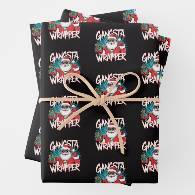 Funny Santa Claus Christmas Gangsta Wrapper Wrapping Paper Sheets (In situ)
