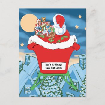 Funny Santa Claus Christmas Humor How's My Flying Holiday Postcard by gingerbreadwishes at Zazzle