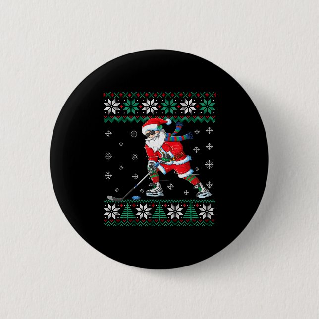 Funny Santa Claus Christmas Ice Hockey Ugly Sweate Button (Front)