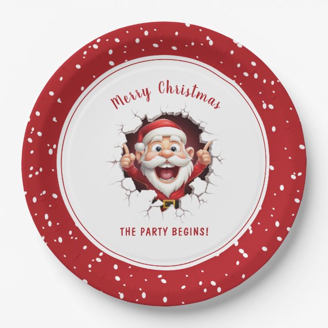 Funny Santa Claus Christmas Party Red White Paper Plates (Front)