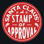 Funny Santa Claus Christmas Stamp of Approval Classic Round Sticker<br><div class="desc">These humorous Christmas stickers are done in red and white and made to look like they've been stamped by Santa. They read, "Santa Claus' Stamp of Approval" and show silhouettes of mistletoe, a reindeer and snowflakes. These stickers would look cute on envelopes, wrapped gift boxes or anywhere else you want...</div>