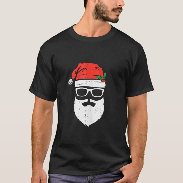 Funny Santa Claus Face Sunglasses with Hat Beard C T-Shirt (Front)