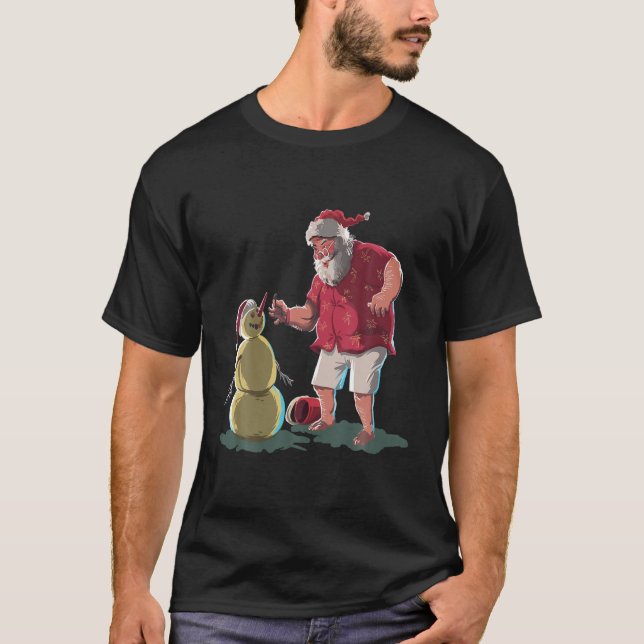 Funny Santa Claus Face With Hat Beard And Snowman T-Shirt (Front)