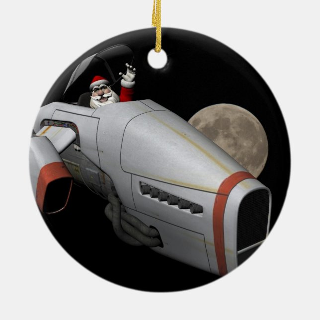 Funny Santa Claus Flying A Spacecraft Ceramic Ornament (Back)