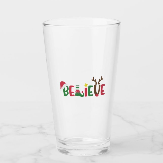 Funny Santa Claus Hat Believe Snowflakes Christmas Glass (Front)