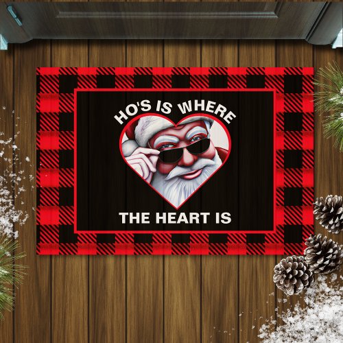 Funny Santa Claus Hos Is Where the Heart Is Plaid Doormat