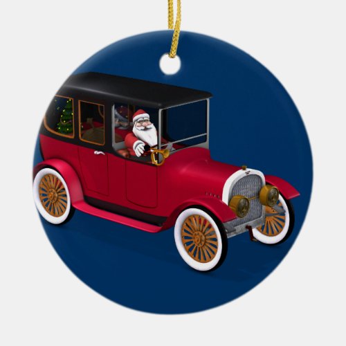 Funny Santa Claus In Red Vintage Limousine Ceramic Ornament