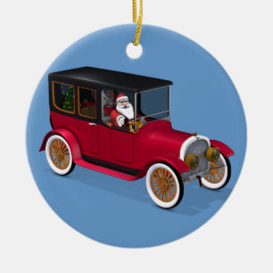 Funny Santa Claus In Red Vintage Limousine Ceramic Ornament