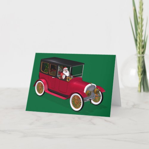 Funny Santa Claus In Red Vintage Limousine Holiday Card