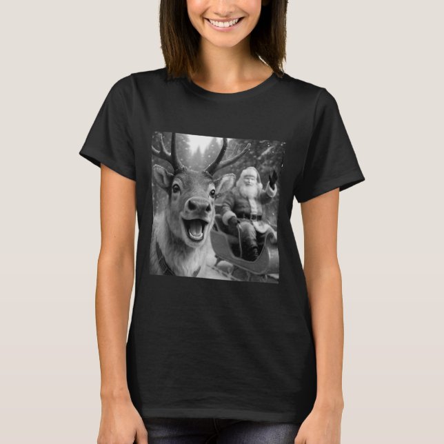 Funny Santa Claus In Sleigh With Reindeer Christma T-Shirt (Front)