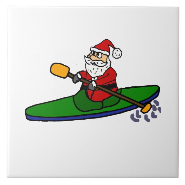 Funny Santa Claus Kayaking Christmas Cartoon Ceramic Tile (Front)