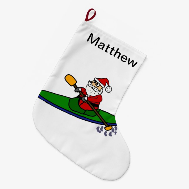 Funny Santa Claus Kayaking Christmas Cartoon Large Christmas Stocking (Front (Hanging))