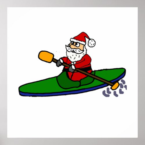 Funny Santa Claus Kayaking Christmas Cartoon Poster